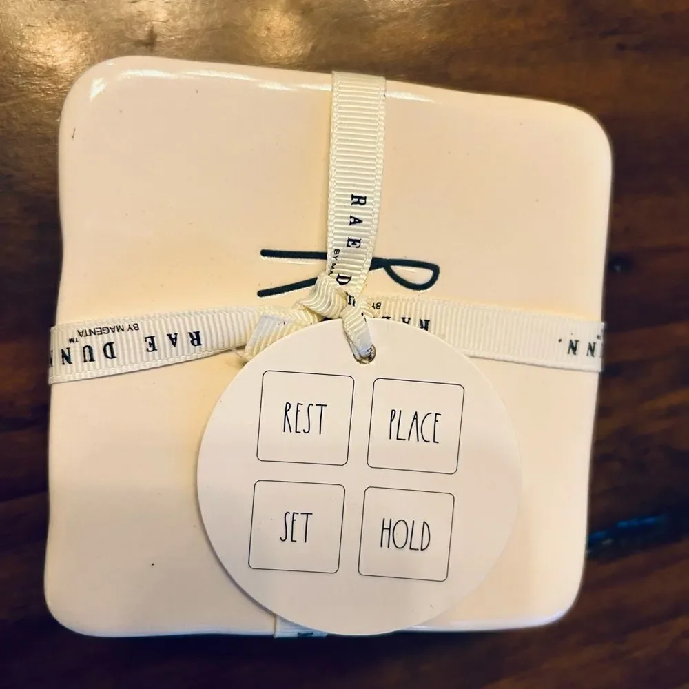 Rae Dunn Drink Coaster Set of 4 REST/PLACE/SET / HOLD White NEW with tags